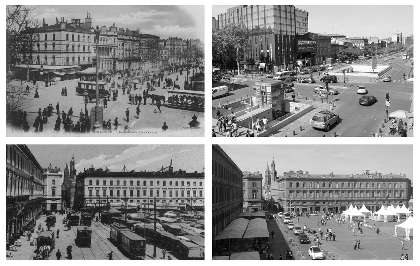 En haut : le carrefour et les allées Lafayette, 1903 et 2011. En bas : la place du Capitole, 1911 et 2011.