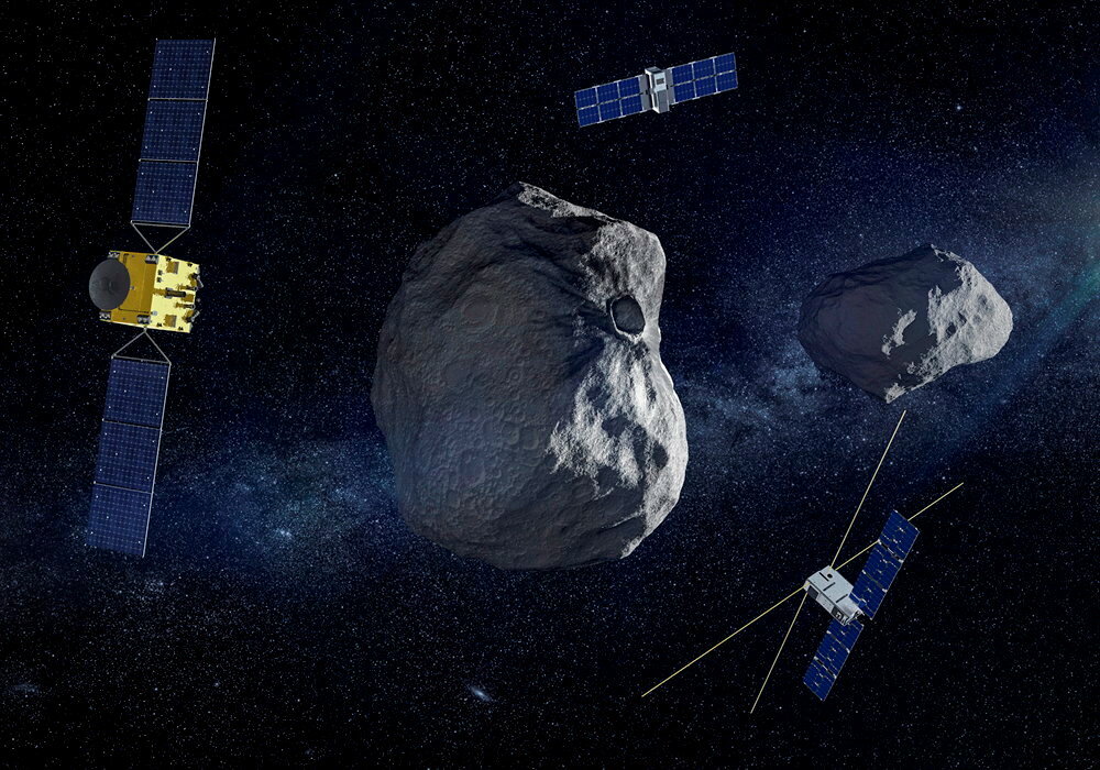 Vue d’artiste de la sonde Hera (à gauche) et ses deux CubeSat (satellites miniatures) Juventas et Milani. Source : ESA. 