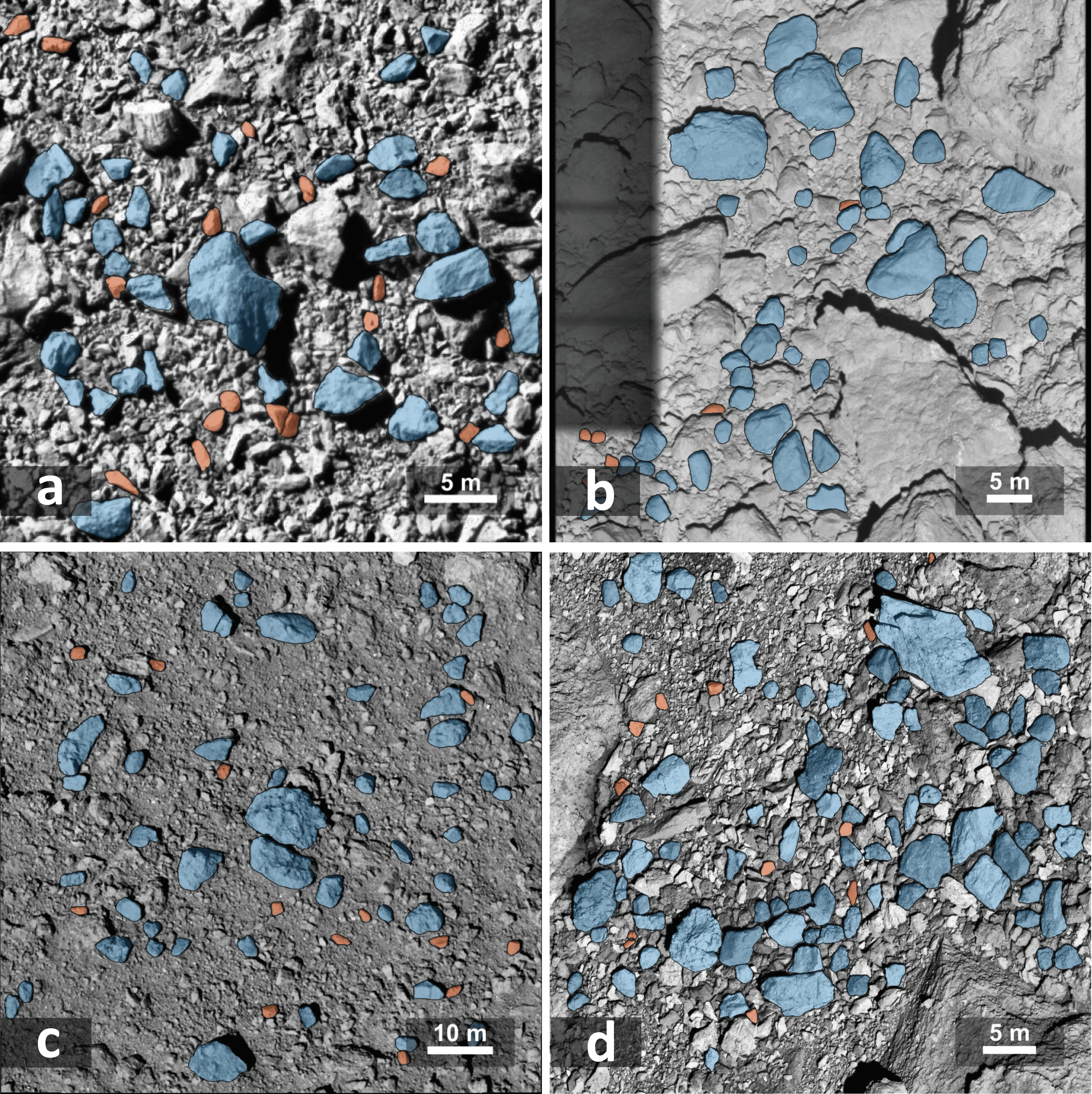 Comparaison de la morphologie des roches sur différents astéroïdes. Source : Robin et al. 2024, Nature Communications. 