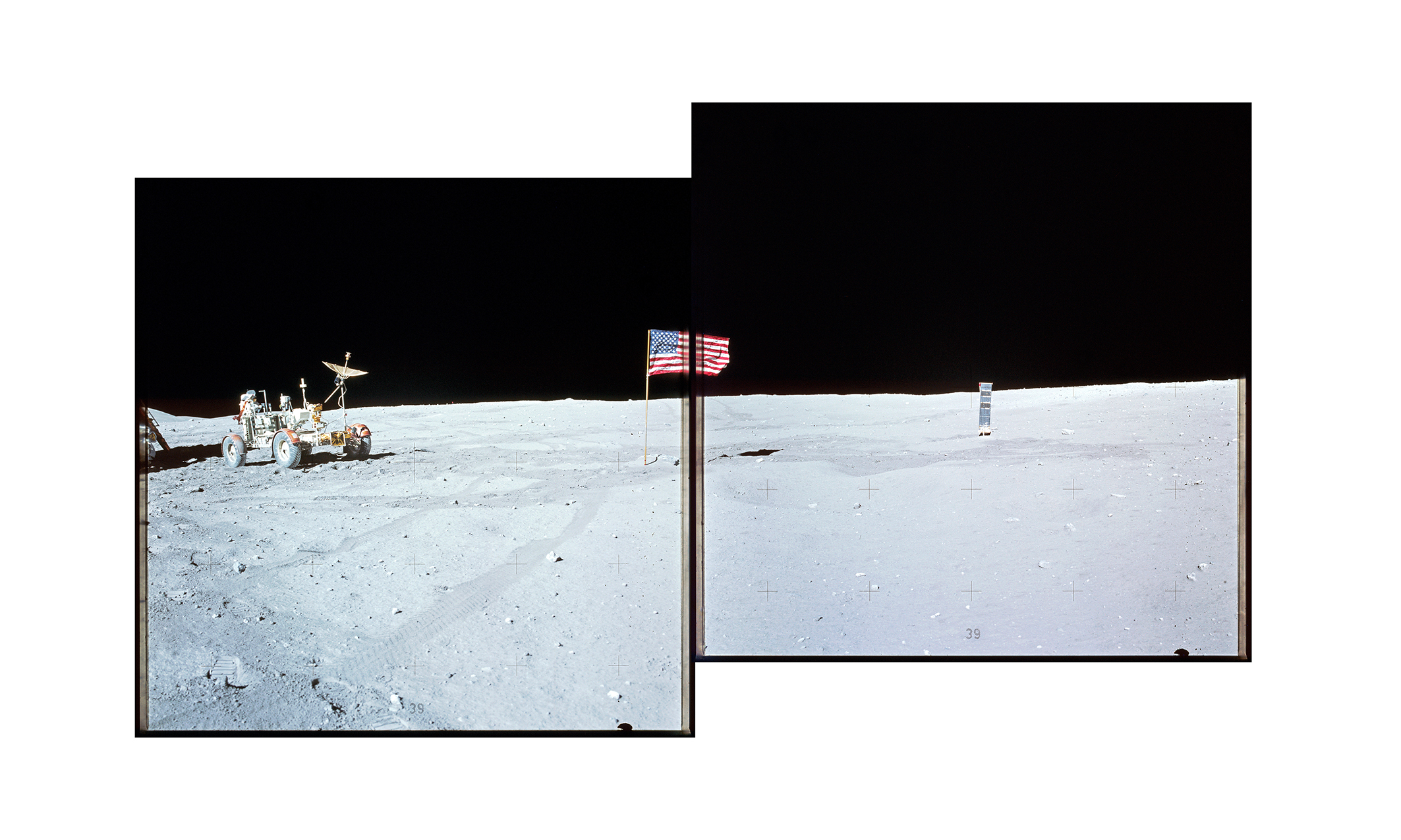 Lune, rover et drapeau américain photographiés lors d'une mission Apollo